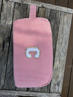 Striped Red and White Makeup Organizer Pouch with Gold Trim